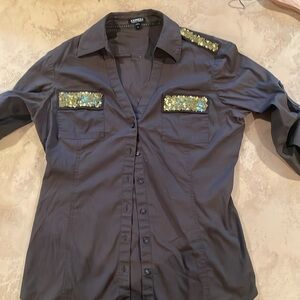 Vintage express size, large sequin military style green dress, button-down shirt